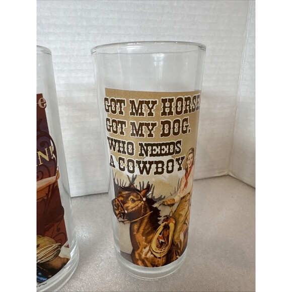 Set Of 3 Tall Funny Cowgirl Glasses  6 Inches Tall Each Glass Highball - Picture 4 of 10